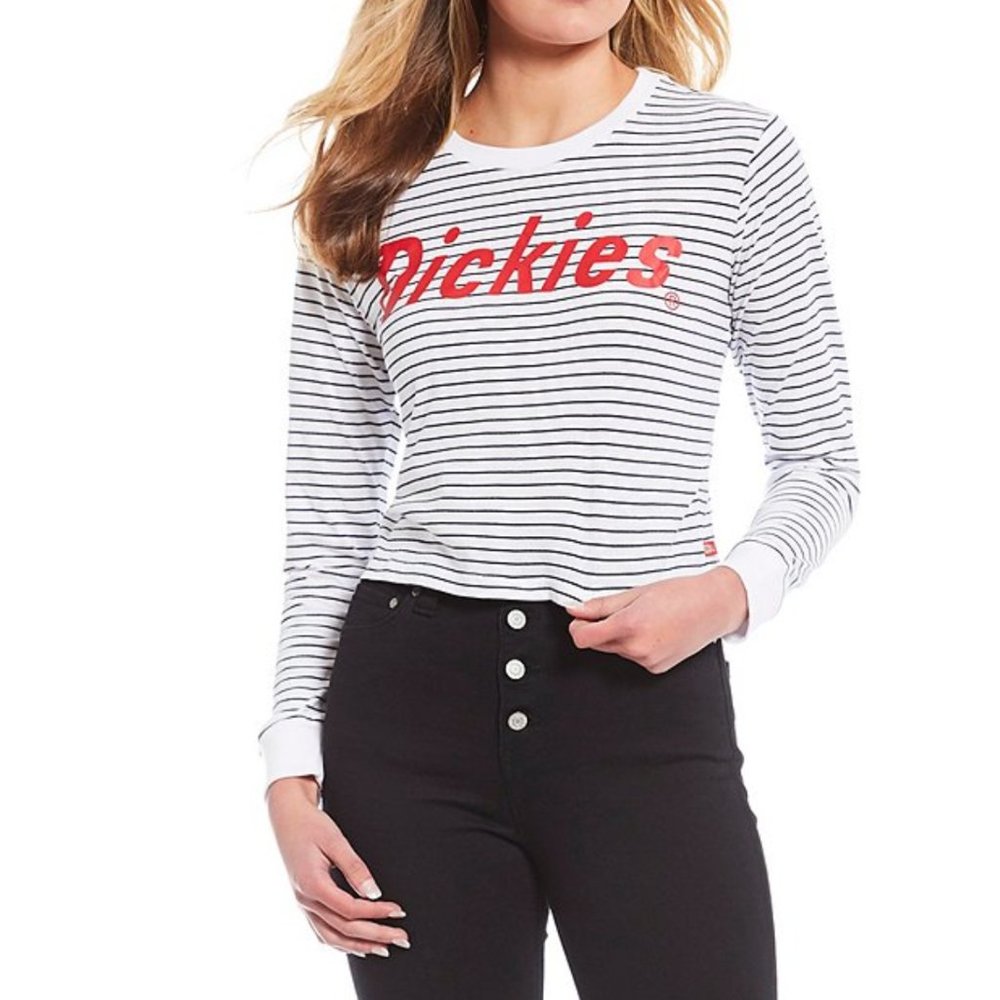 NWT! DICKIES - Stripe Long Sleeve Crop Logo Tee - Picture 2 of 8
